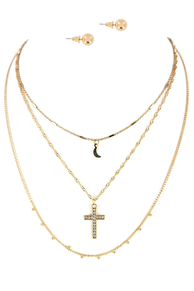 Gold Moon & Cross Charm Layered Necklace