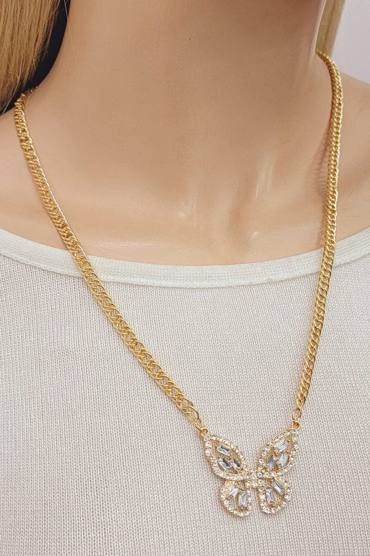 Gold Rhinestone Butterfly Pendant Necklace