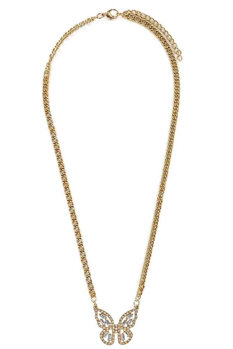 Gold Rhinestone Butterfly Pendant Necklace