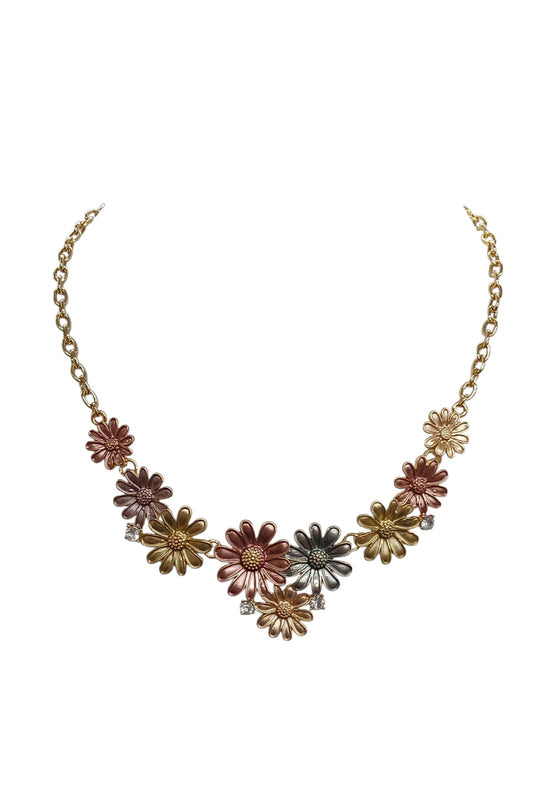 Gold Multi Color Daisy Design Metal Necklace Set