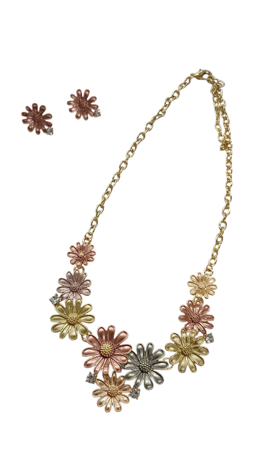 Gold Multi Color Daisy Design Metal Necklace Set