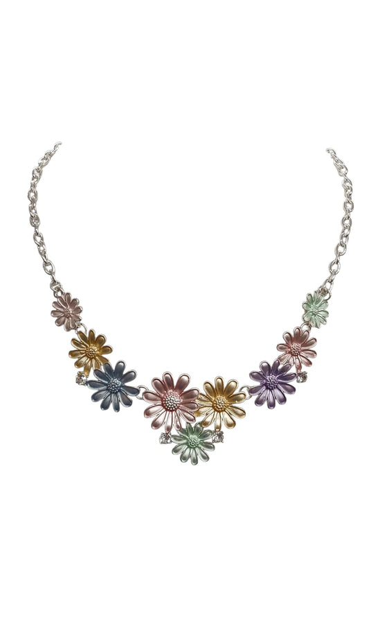 Silver Multi Color Daisy Design Necklace Set
