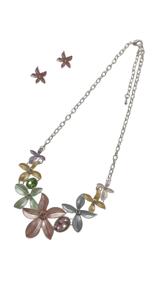 Silver/Multi-Color Lily Flower Design Metal Necklace Set