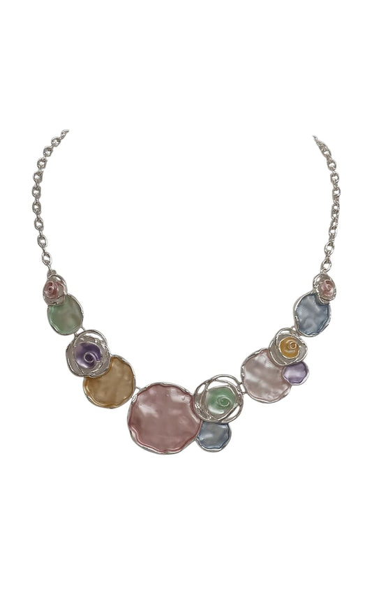 Multi-Color Ovals Rose Design Metal Necklace Set