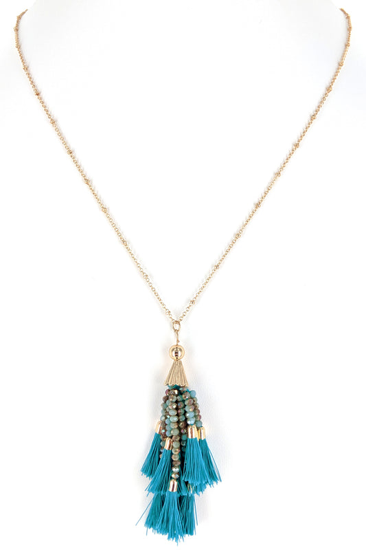 Turquoise Beaded Tassel Necklace Set