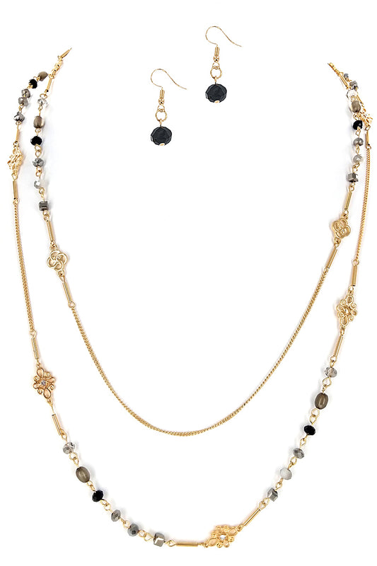 Black Glass Beaded Layered Necklace Set