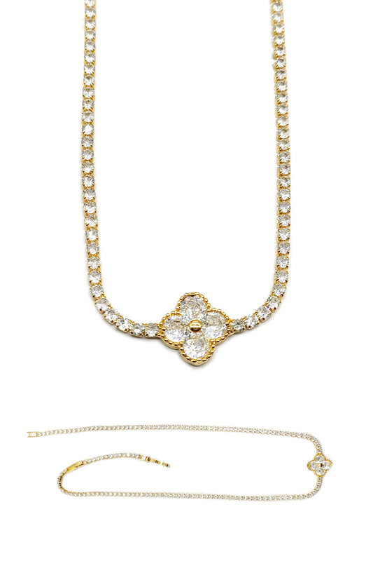 Gold Rhinestone Clover Design Necklace