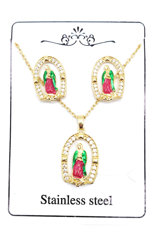 Stainless Steel Virgen De Guadalupe Necklace Set