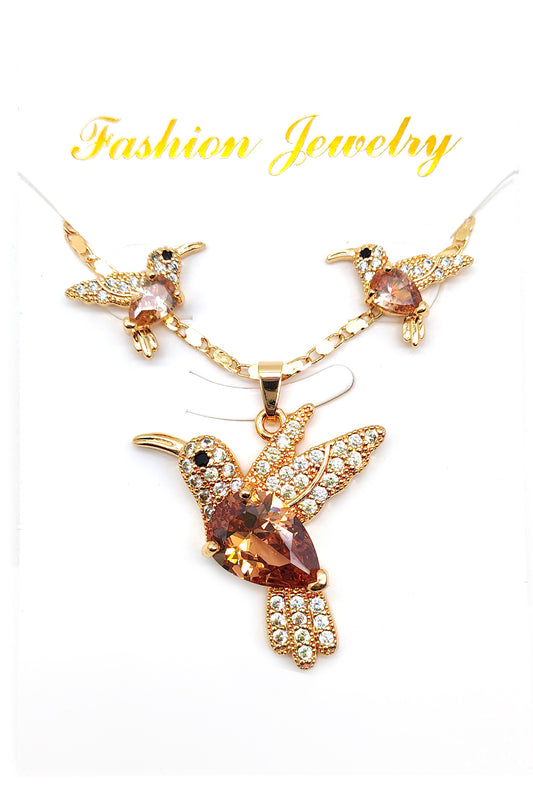 Gold Dipped Champagne Rhinestone Hummingbird Necklace set