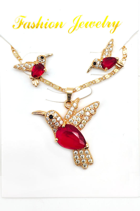 Gold Dipped Red Rhinestone Hummingbird Necklace Set