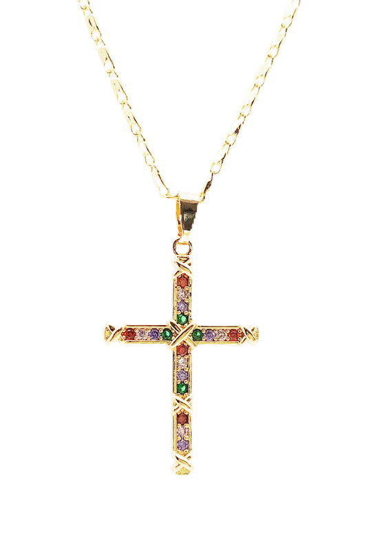 Gold Dipped Multi-color Rhinestone Cross Pendant Necklace