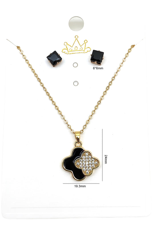 Stainless Steel Black Clover Pendant & Earrings