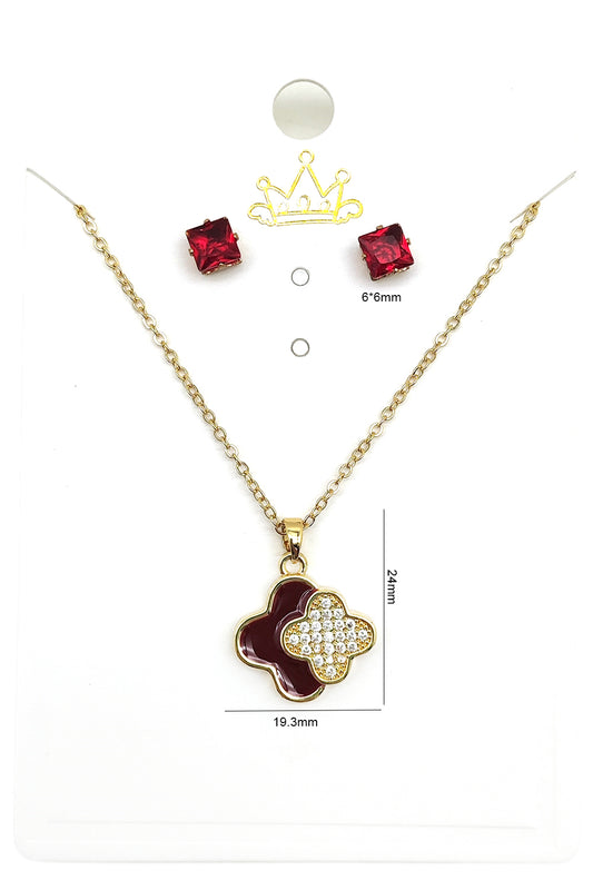 Stainless Steel Red Clover Pendant & Earrings