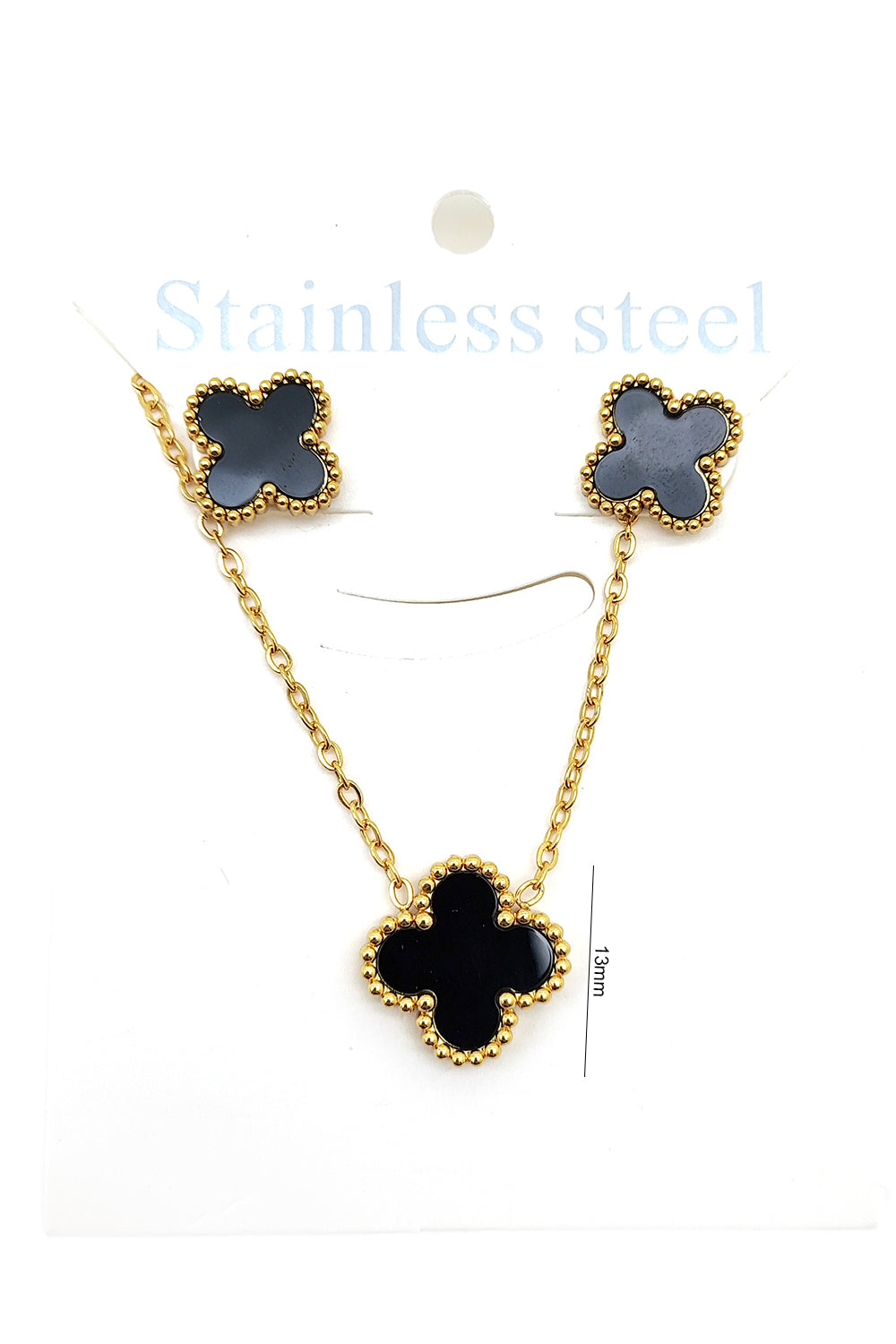 Stainless Steel Black Clover Pendant & Earrings