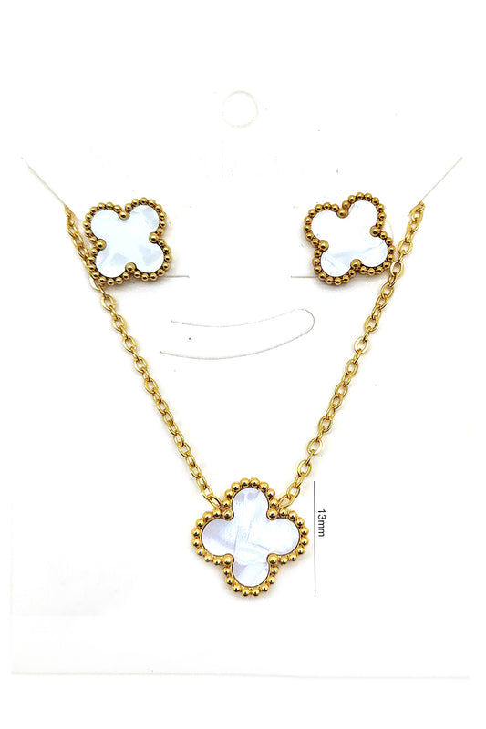 Stainless Steel White Clover Pendant & Earrings