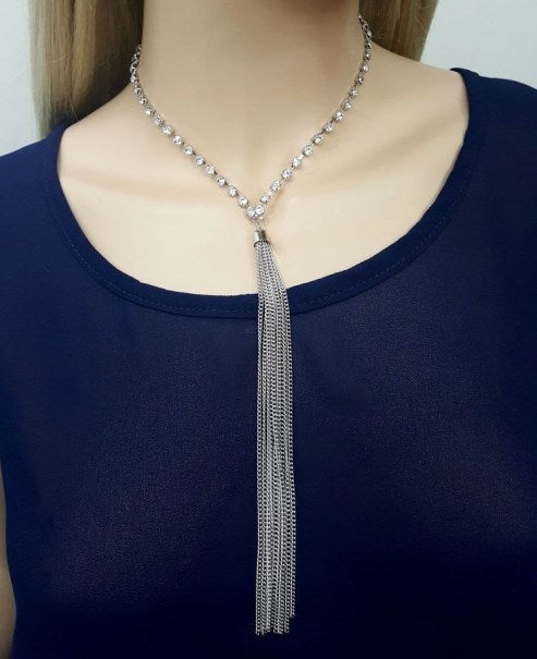 Silver Rhinestone Choker Tassel Necklace Set