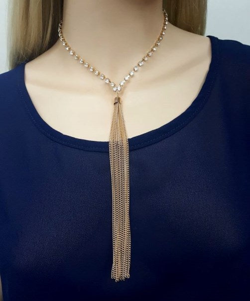 Gold Rhinestone Choker Tassel Necklace