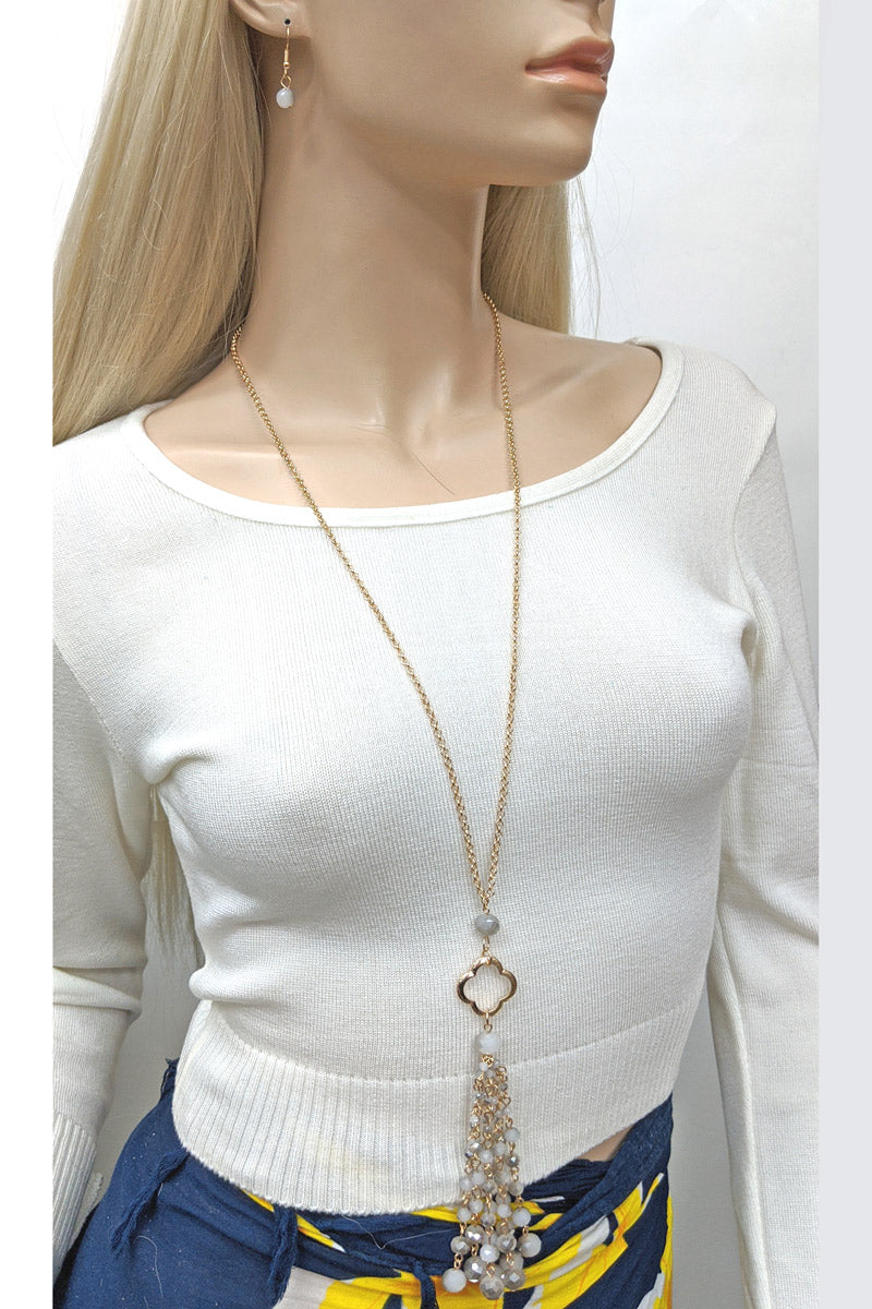 Grey Beaded Glass Long Pendant Necklace Set