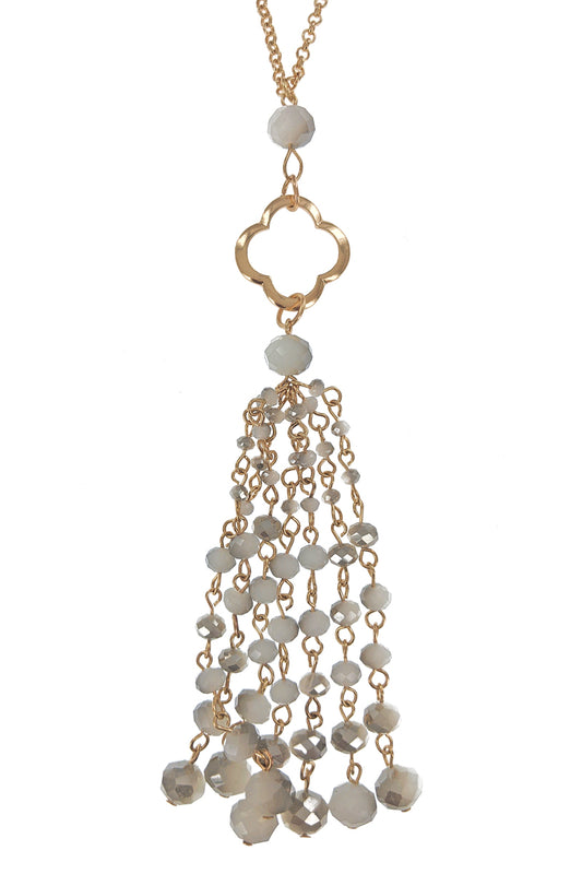 Grey Beaded Glass Long Pendant Necklace Set