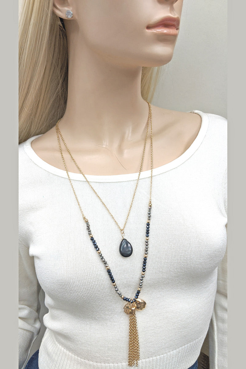 Gold/Black Glass Beaded Two Layered Necklace Set