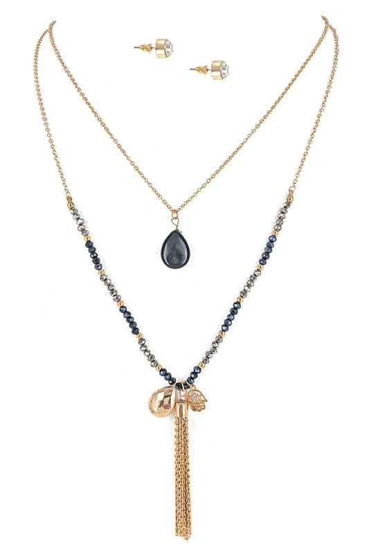 Gold/Black Glass Beaded Two Layered Necklace Set