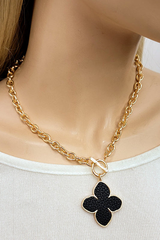 Black Faux Leather Clover Pendant Necklace