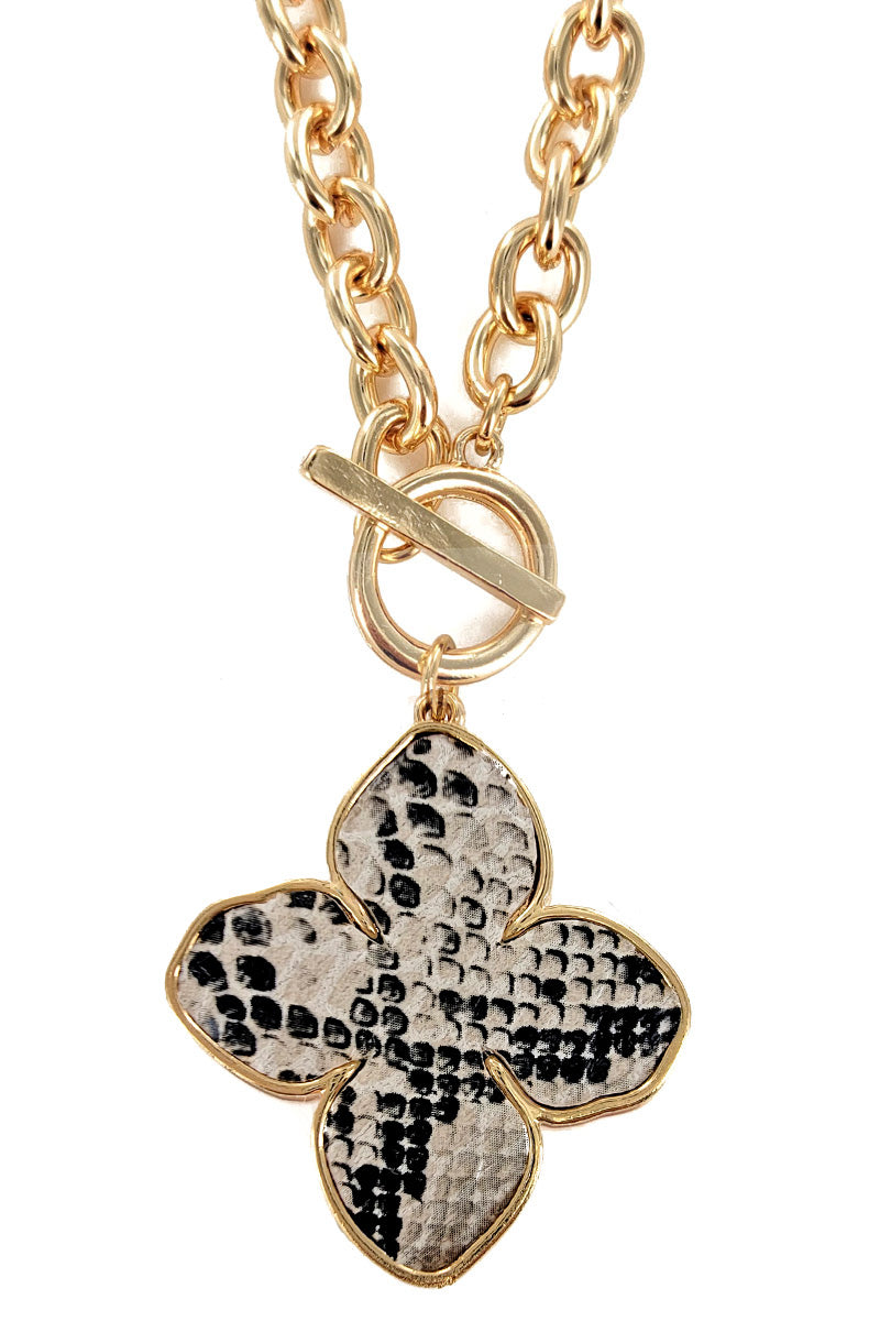 Snake Print Faux Leather Clover Pendant Necklace
