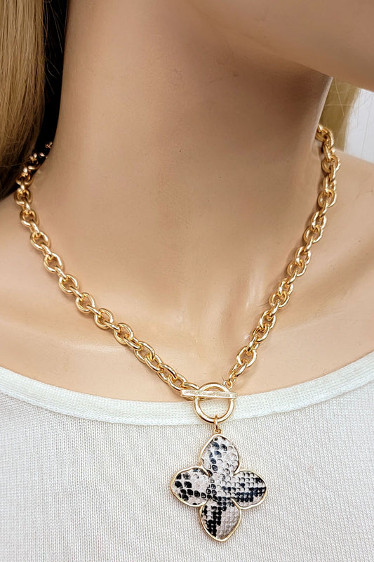 Snake Print Faux Leather Clover Pendant Necklace