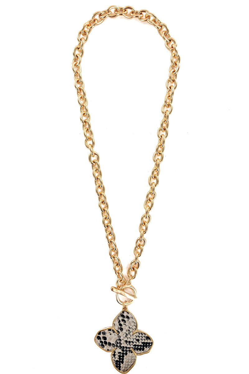Snake Print Faux Leather Clover Pendant Necklace