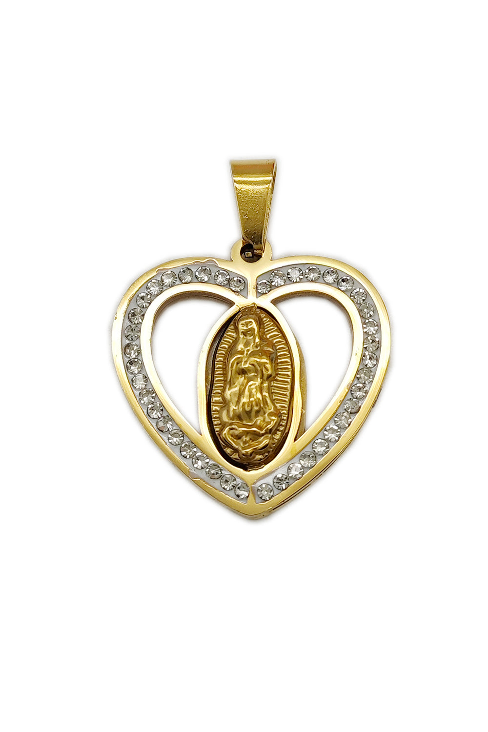 Stainless Steel Rhinestone Heart Shape Virgen De Guadalupe Pendant