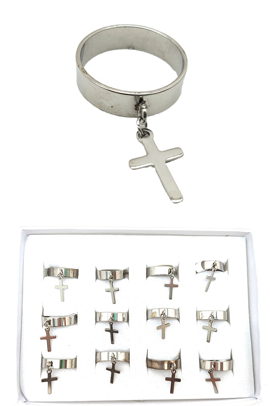 Stainless Steel Dangle Cross Rhodium Rings