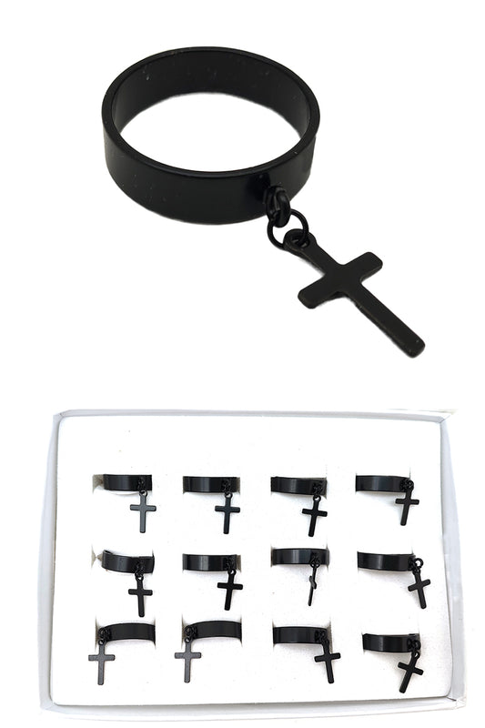 Stainless Steel Dangle Cross Black Rings