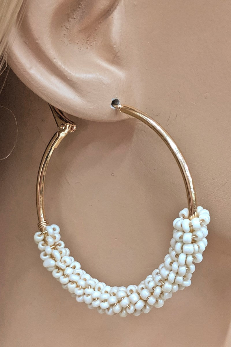 Beige Beaded Hoop Gold Earrings