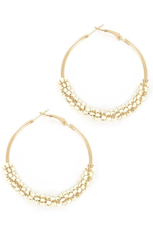 Beige Beaded Hoop Gold Earrings