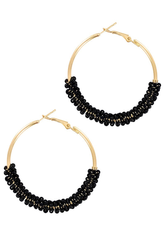 Black Beaded Hoop Gold Earring