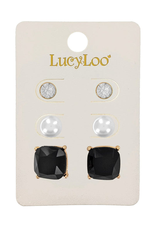 3-Pair,  Pearl & CZ Post Earring Set