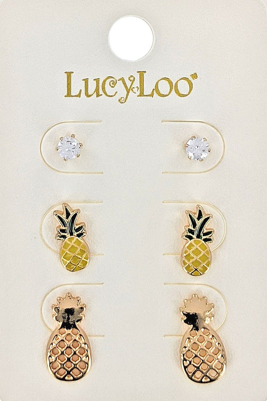 3-Pair Pineapple & Stud Earrings