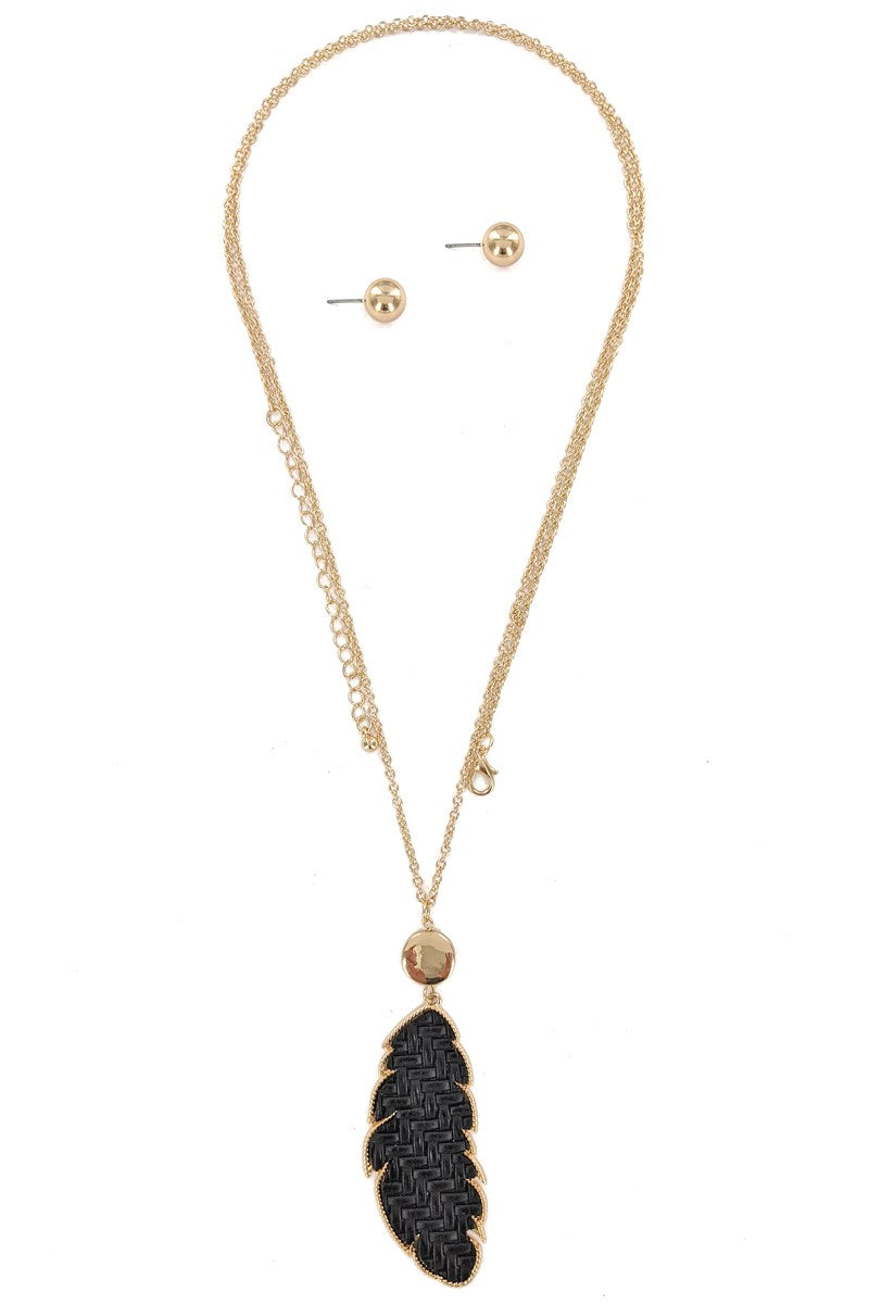 Black Color Vegan Leather Necklace & Earrings Set