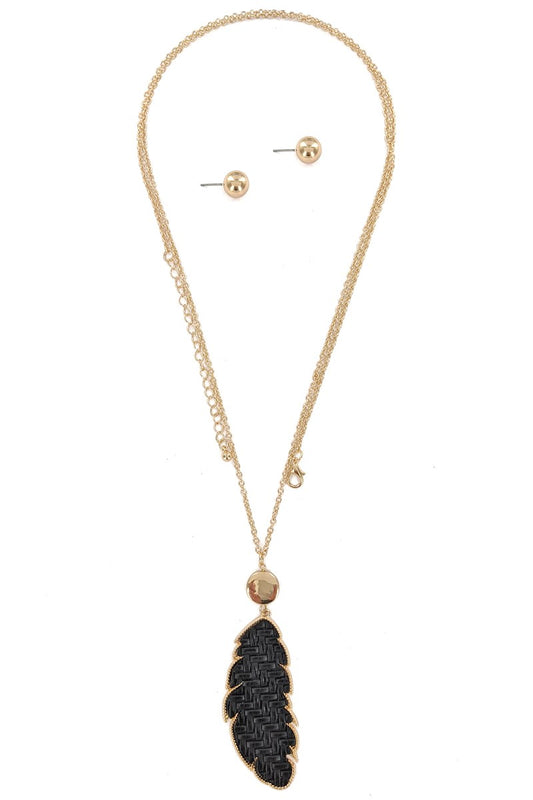 Black Color Vegan Leather Necklace & Earrings Set